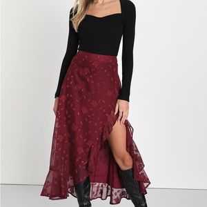 COPY - nwt Lulus Beauty Galore Burgundy Floral Jacquard Ruffled Midi Skirt